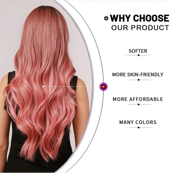 24"Women Synthetic Wigs Long Wavy Ombre Pink with Fluffy Air Bangs - Picture 4 of 5